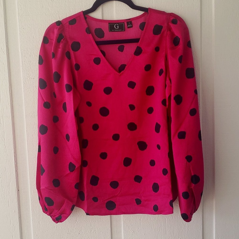 G by Giuliana Polka Dot Blouse V-Neck Long Sleeve Top, Size S‎